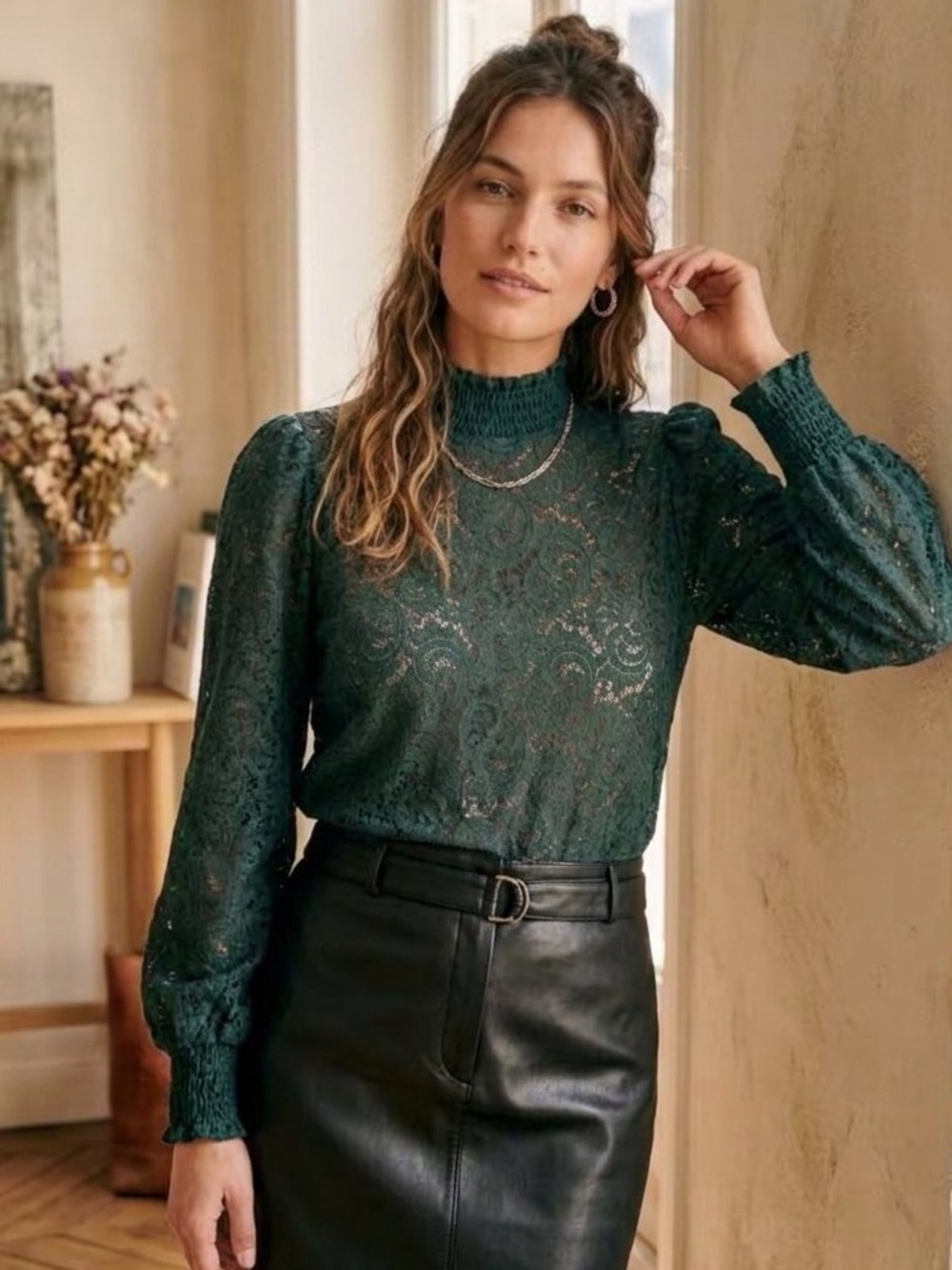 Reitmans Forest Green Lace Mock-Neck Long Sleeve Blouse